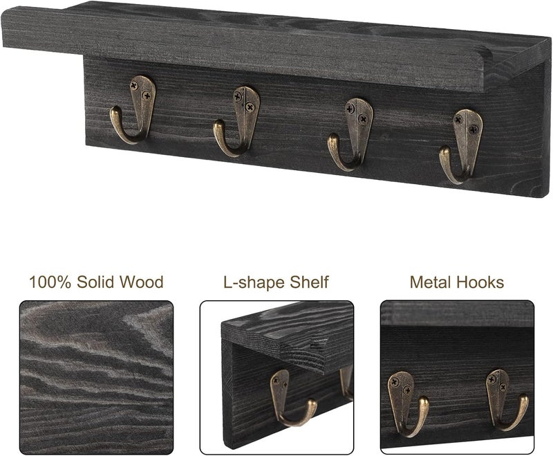 HRONRAD Rustic Key Holder for Wall, Farmhouse Wall Shelf with 4 Hooks, Wall Mounted Key Racks, Wooden Mail Organizer with Hooks for Entryway (Black - Pine) - Image 3